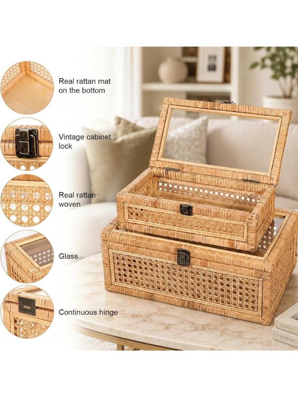 Large Woven Rattan Decorative Box Set with Lid - Rectangular Glass Display - Picture 4 of 7